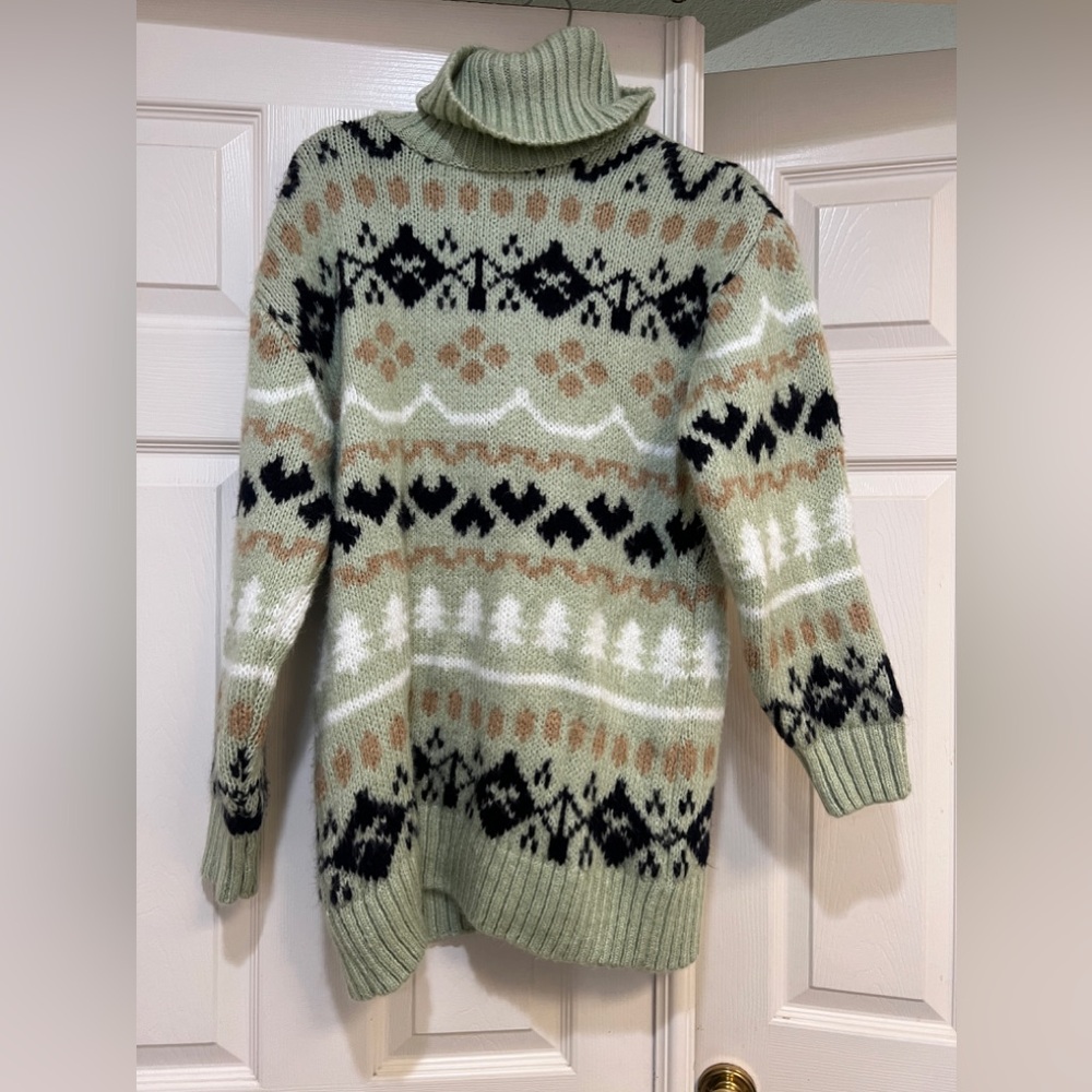 Anthropologie Turtleneck Tunic Fair Isle Winter‎ Holiday Oversized Sweater XS